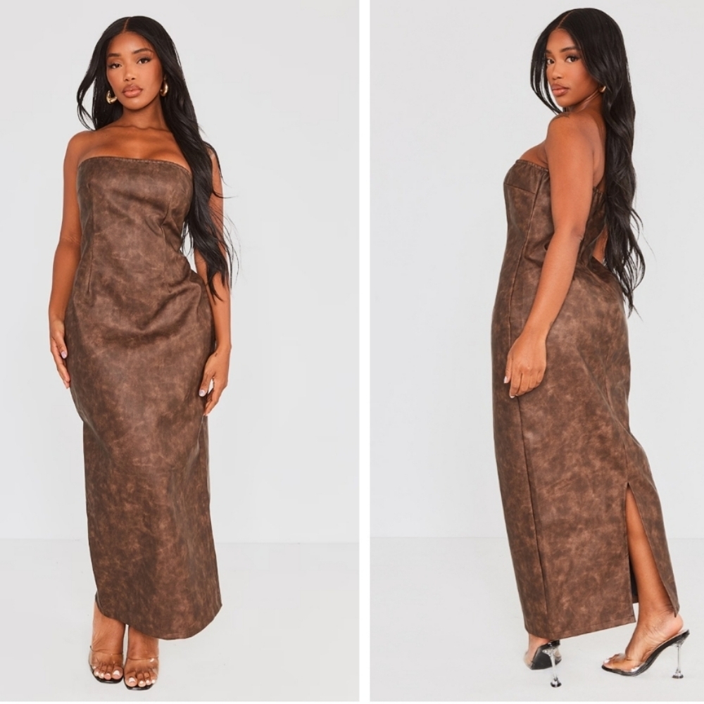 NWOT Prettylittlething Shape Brown Washed Effect Faux Leather Size 6